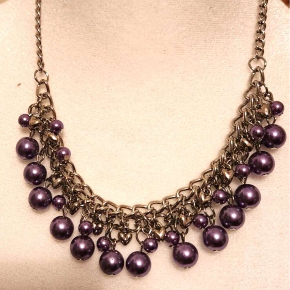 Purple Beaded Necklace Earring Set Silver tone Chain womens jewelry faux pearl